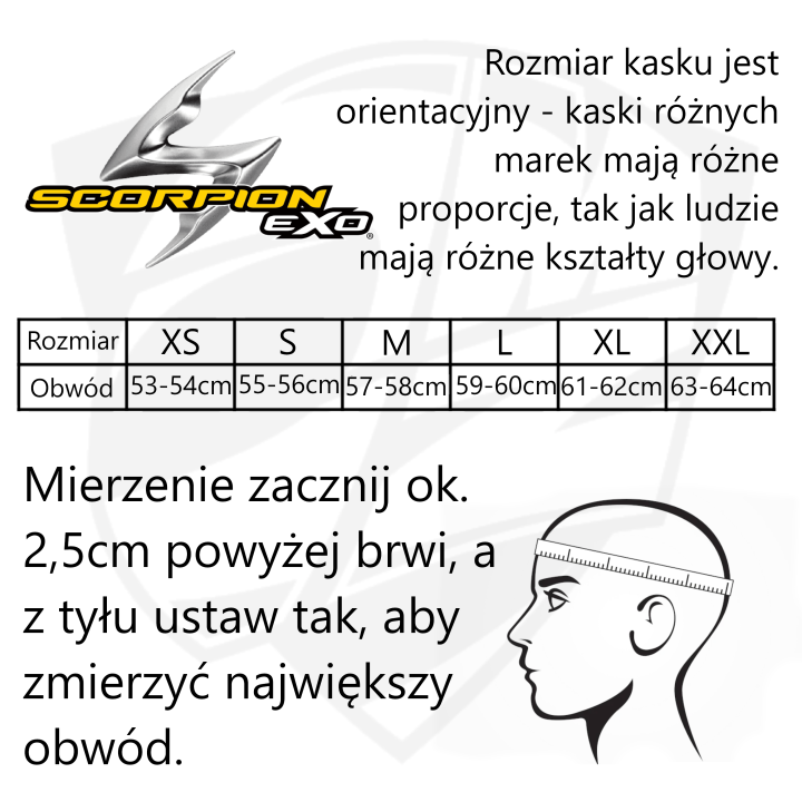 tabela rozmiarów, rozmiarówka do kasku Scorpion VX-16 EVO AIR - black matt - kask crossowy, ATV, motocyklowy
