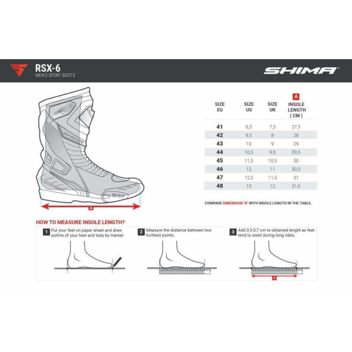 tabela rozmiarów rozmiarówka do Shima RSX-6 - black - męskie buty sportowe motocyklowe