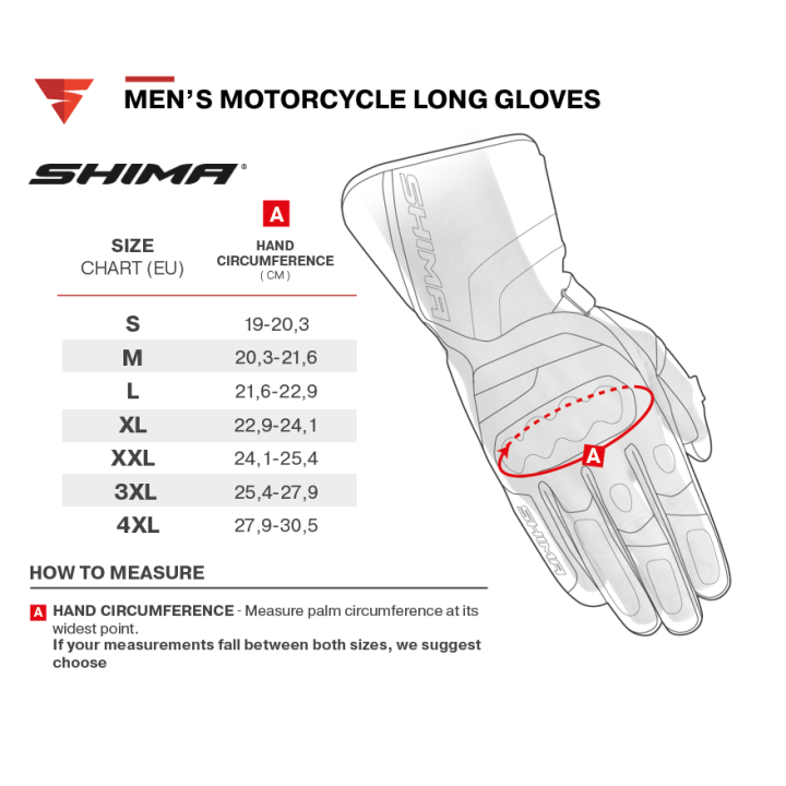 Tabela rozmiarów rozmiarówka do Shima STR-2 Vented - black - męskie rękawice motocyklowe