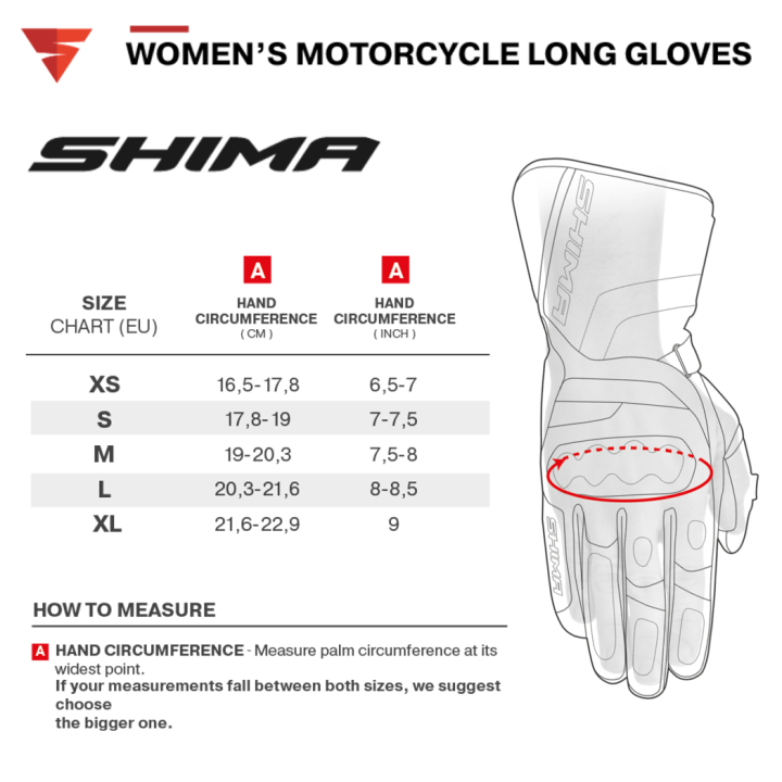Tabela rozmiarów rozmiarówka do Shima STX 2.0 Lady - black - damskie rękawice motocyklowe